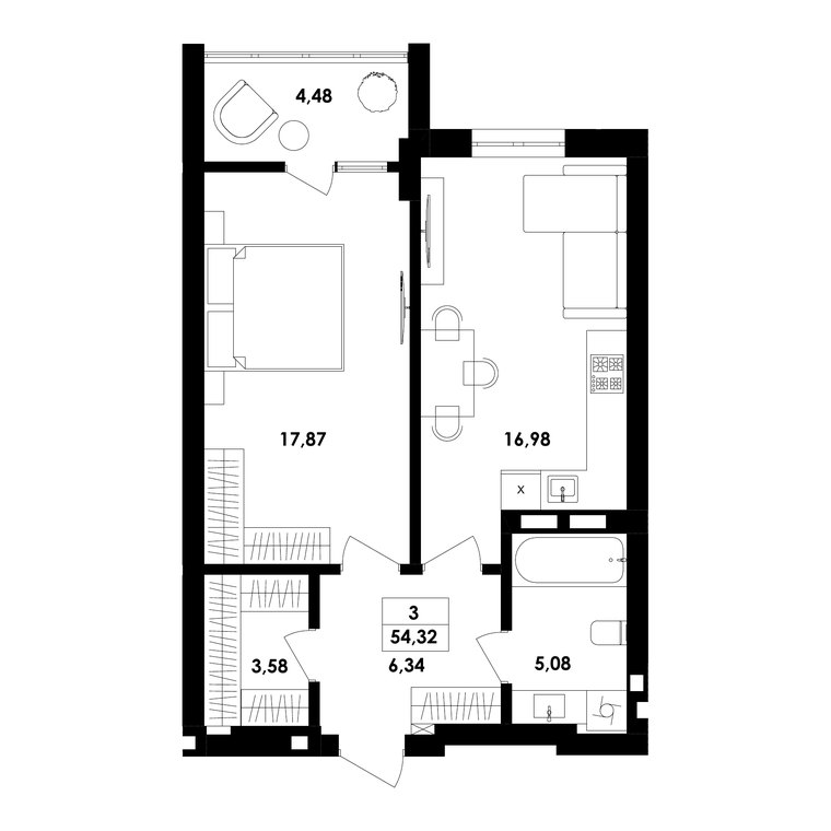 Планування — 1-кімн. 54,3 м²